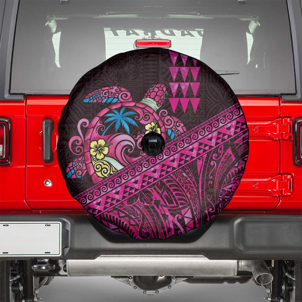 Hawaiian Abstract Sea Turtle Spare Tire Cover Polynesian Tapa Art and Kakau Tattoo Pink WaterColor - Polynesian Pride