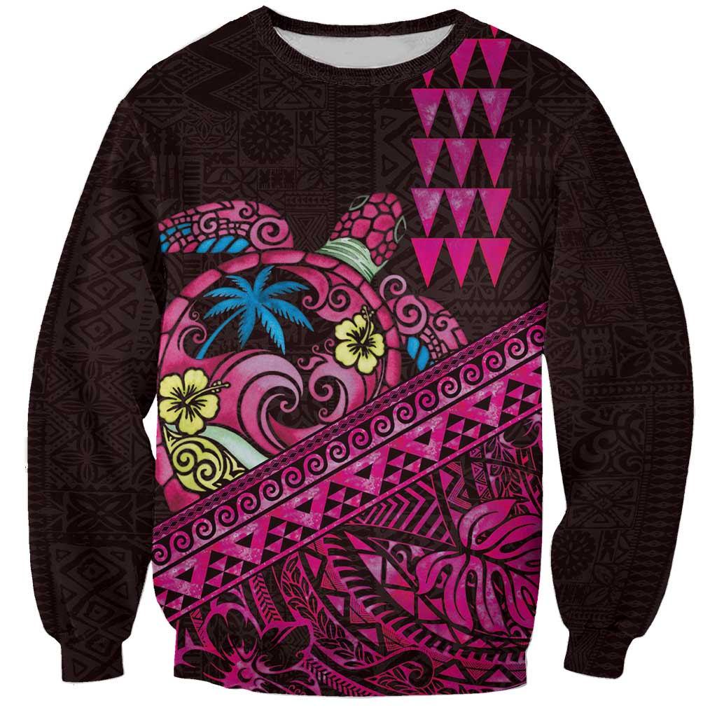 Hawaiian Abstract Sea Turtle Sweatshirt Polynesian Tapa Art and Kakau Tattoo Pink WaterColor - Polynesian Pride