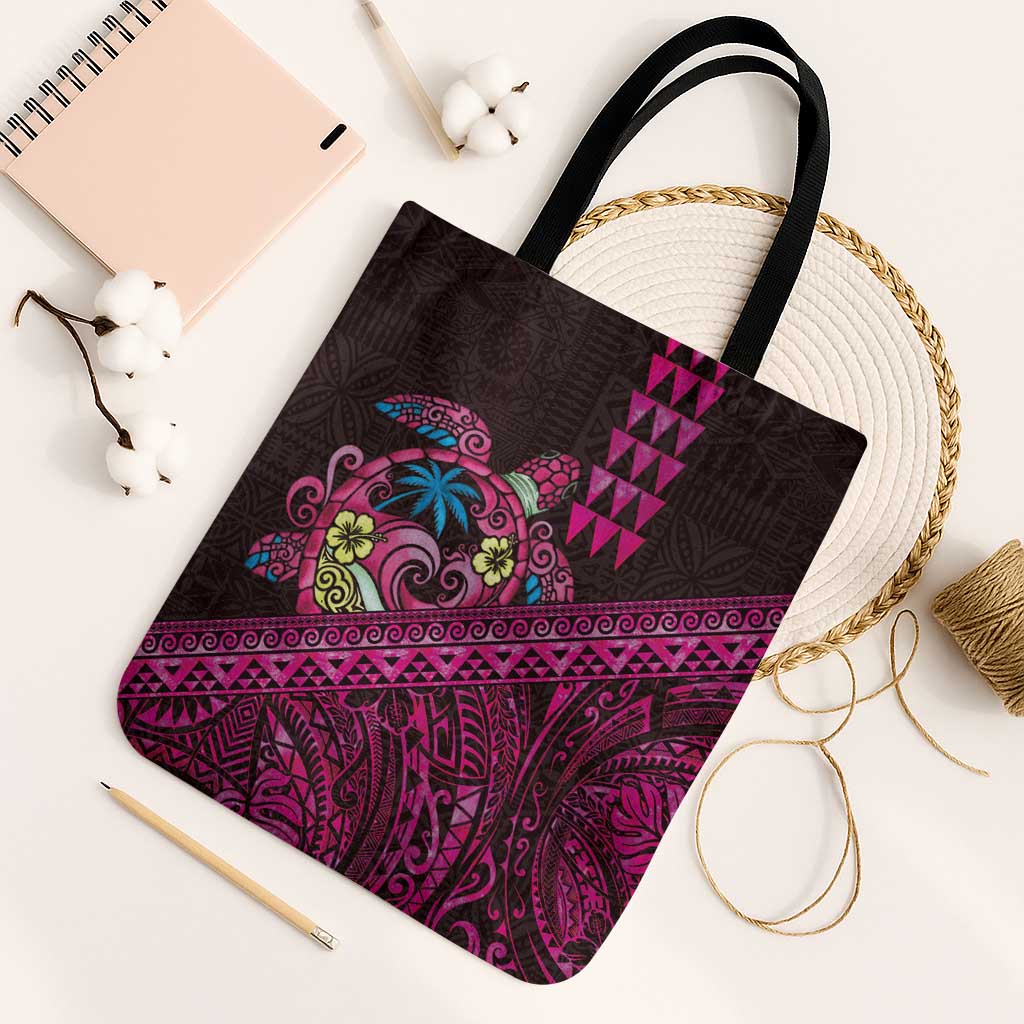 Hawaiian Abstract Sea Turtle Tote Bag Polynesian Tapa Art and Kakau Tattoo Pink WaterColor - Polynesian Pride