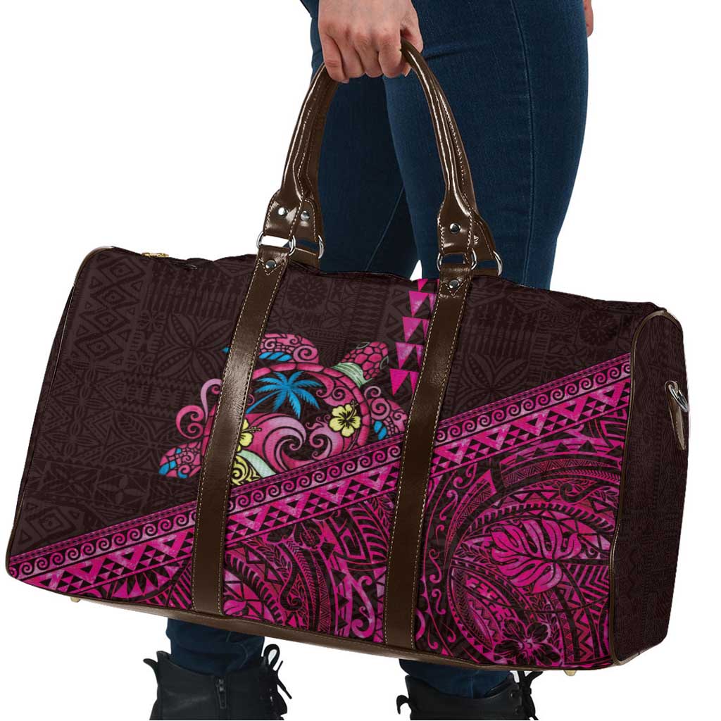 Hawaiian Abstract Sea Turtle Travel Bag Polynesian Tapa Art and Kakau Tattoo Pink WaterColor - Polynesian Pride