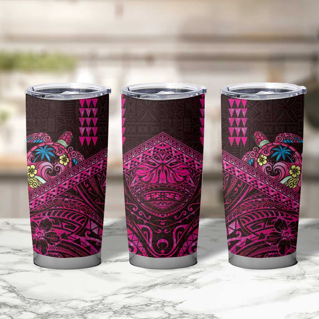 Hawaiian Abstract Sea Turtle Tumbler Cup Polynesian Tapa Art and Kakau Tattoo Pink WaterColor - Polynesian Pride