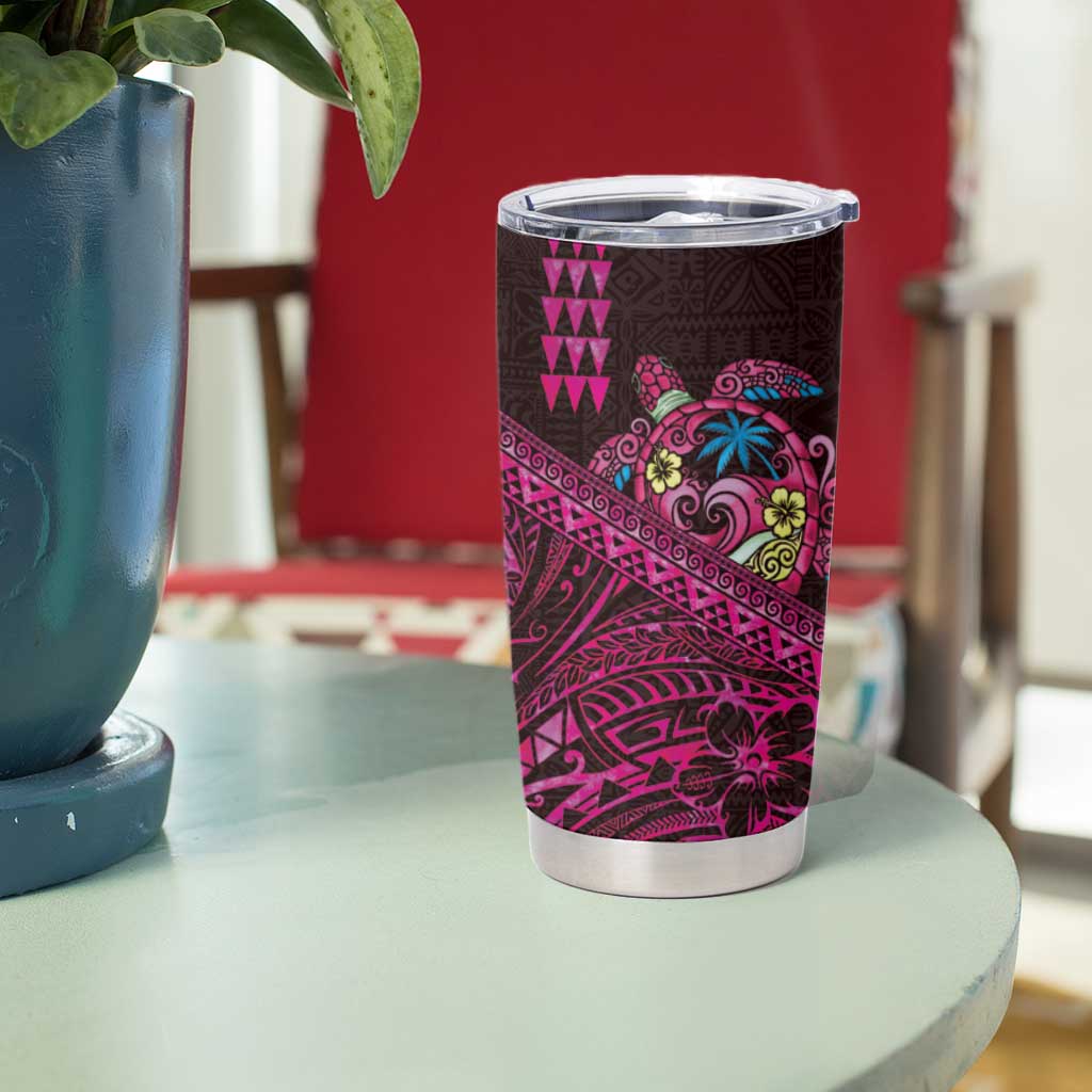 Hawaiian Abstract Sea Turtle Tumbler Cup Polynesian Tapa Art and Kakau Tattoo Pink WaterColor - Polynesian Pride