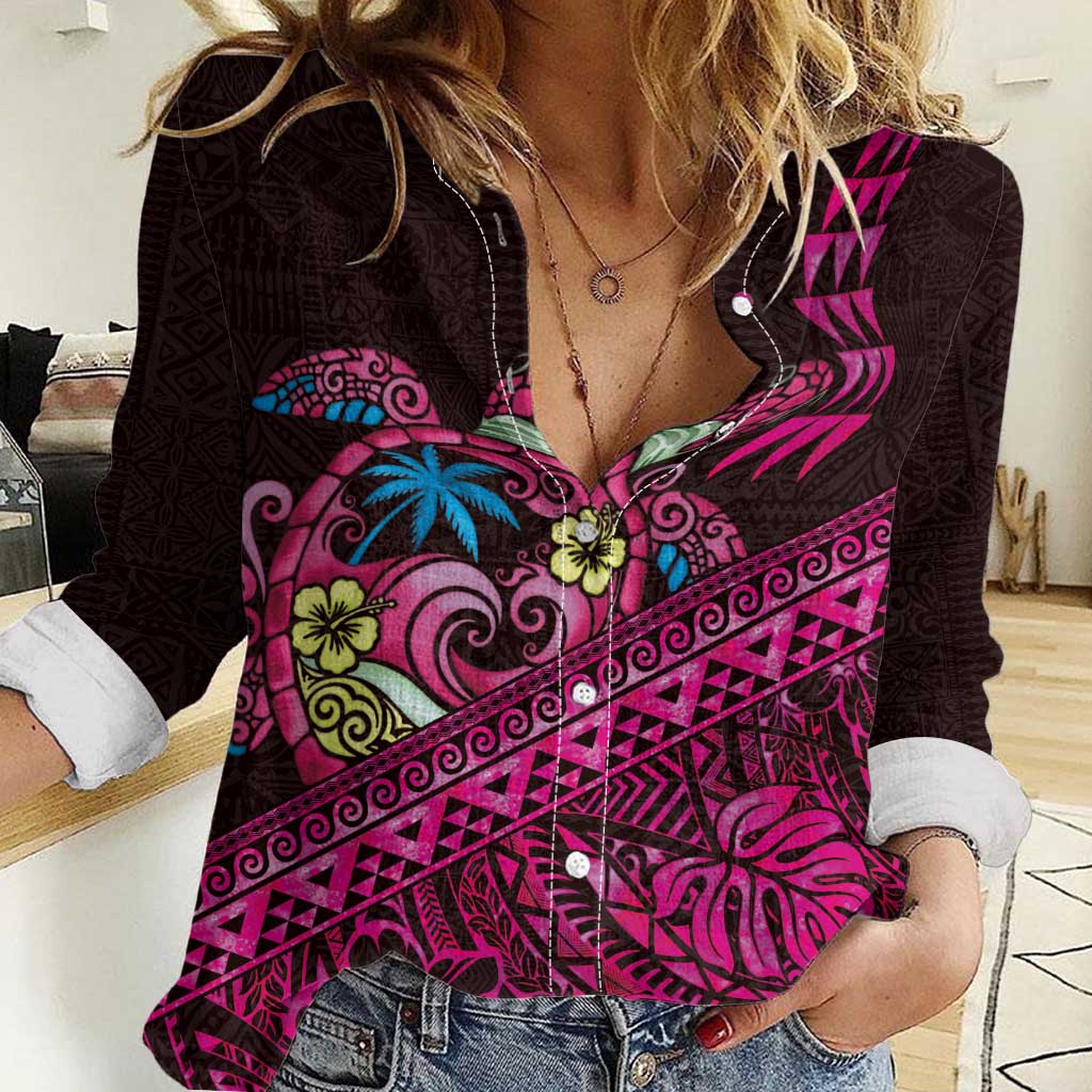 Hawaiian Abstract Sea Turtle Women Casual Shirt Polynesian Tapa Art and Kakau Tattoo Pink WaterColor - Polynesian Pride