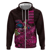 Hawaiian Abstract Sea Turtle Zip Hoodie Polynesian Tapa Art and Kakau Tattoo Pink WaterColor - Polynesian Pride