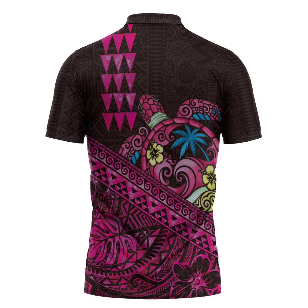 Hawaiian Abstract Sea Turtle Zipper Polo Shirt Polynesian Tapa Art and Kakau Tattoo Pink WaterColor - Polynesian Pride