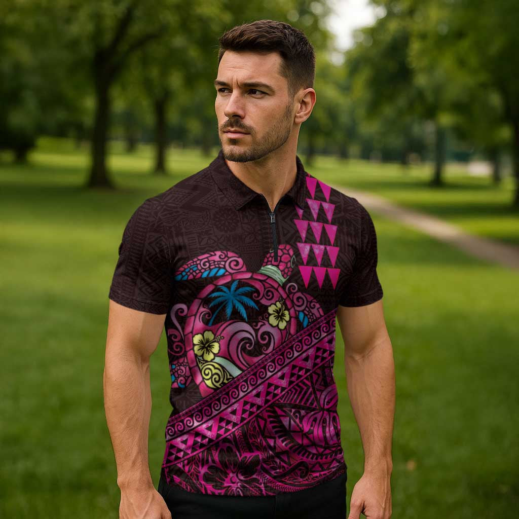 Hawaiian Abstract Sea Turtle Zipper Polo Shirt Polynesian Tapa Art and Kakau Tattoo Pink WaterColor - Polynesian Pride