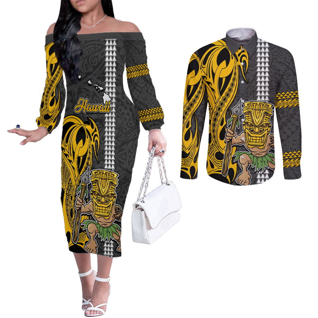 Hawaii Island Couples Matching Off The Shoulder Long Sleeve Dress and Long Sleeve Button Shirts Hawaiian Warrior and Kakau Symbols Abstract Tattoo LT03 Yellow - Polynesian Pride