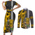 Hawaii Island Couples Matching Short Sleeve Bodycon Dress and Long Sleeve Button Shirts Hawaiian Warrior and Kakau Symbols Abstract Tattoo LT03 Yellow - Polynesian Pride