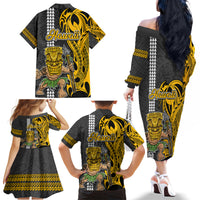 Hawaii Island Family Matching Off Shoulder Long Sleeve Dress and Hawaiian Shirt Hawaiian Warrior and Kakau Symbols Abstract Tattoo LT03 - Polynesian Pride