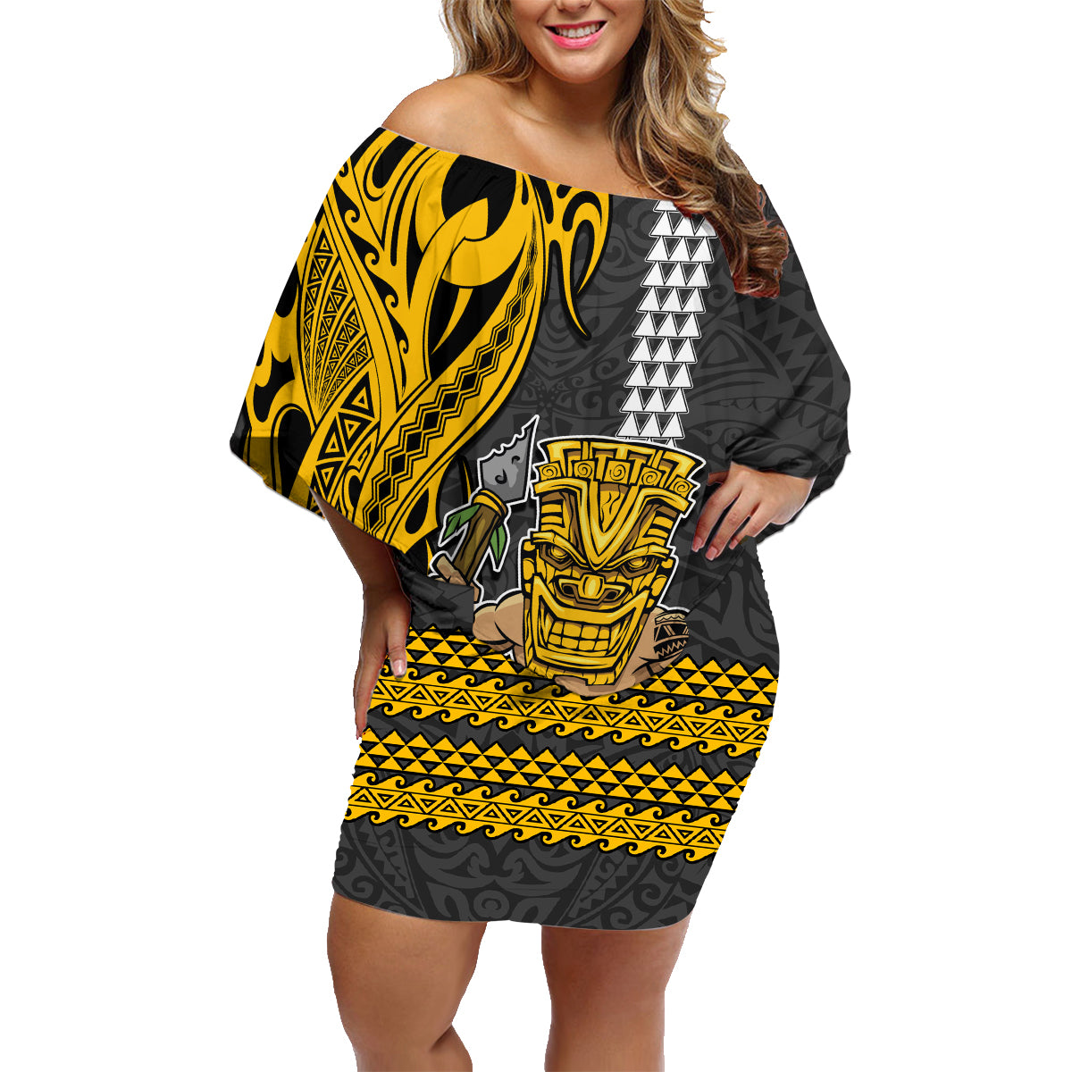 Hawaii Island Family Matching Off Shoulder Short Dress and Hawaiian Shirt Hawaiian Warrior and Kakau Symbols Abstract Tattoo LT03 Mom's Dress Yellow - Polynesian Pride