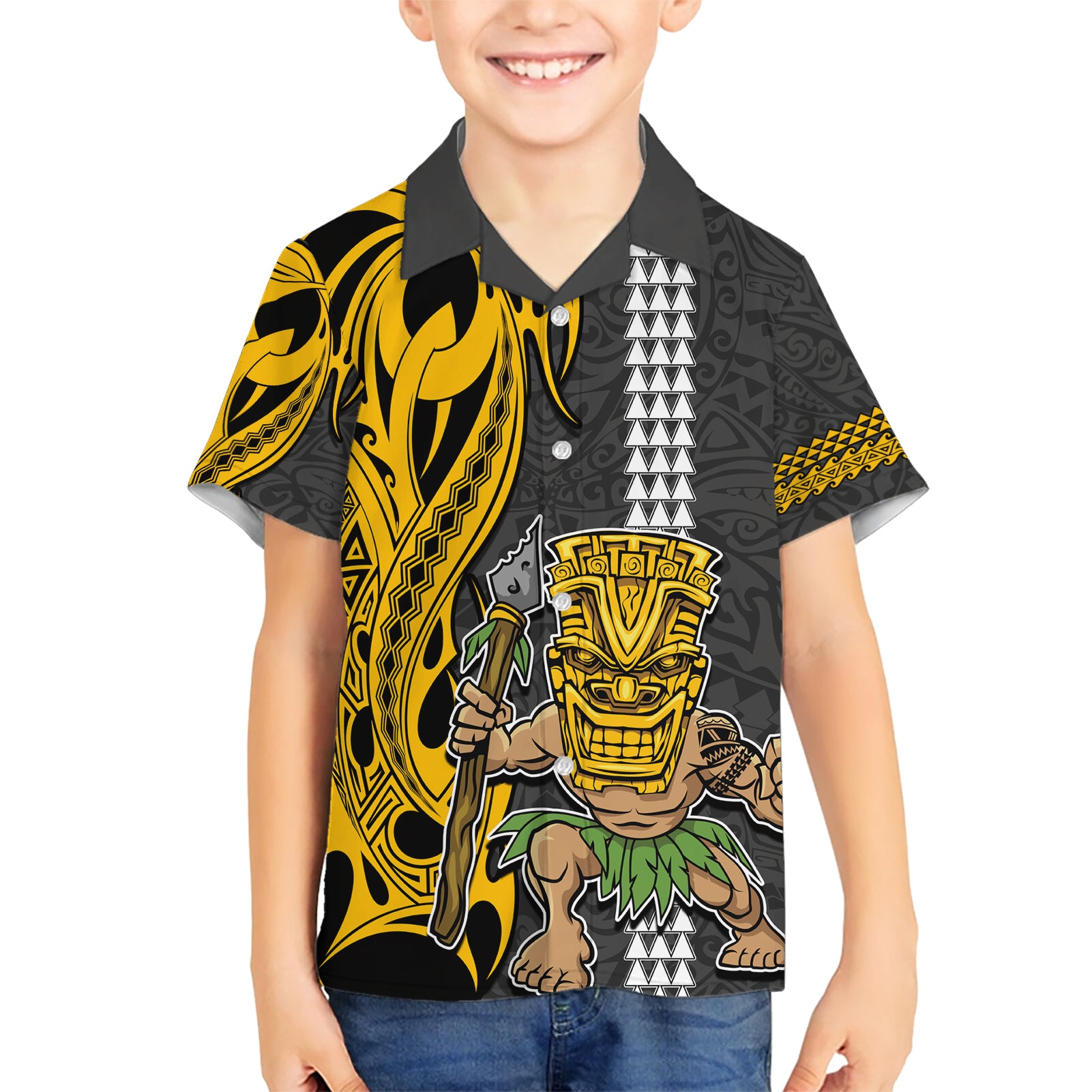 Hawaii Island Kid Hawaiian Shirt Hawaiian Warrior and Kakau Symbols Abstract Tattoo LT03 Kid Yellow - Polynesian Pride