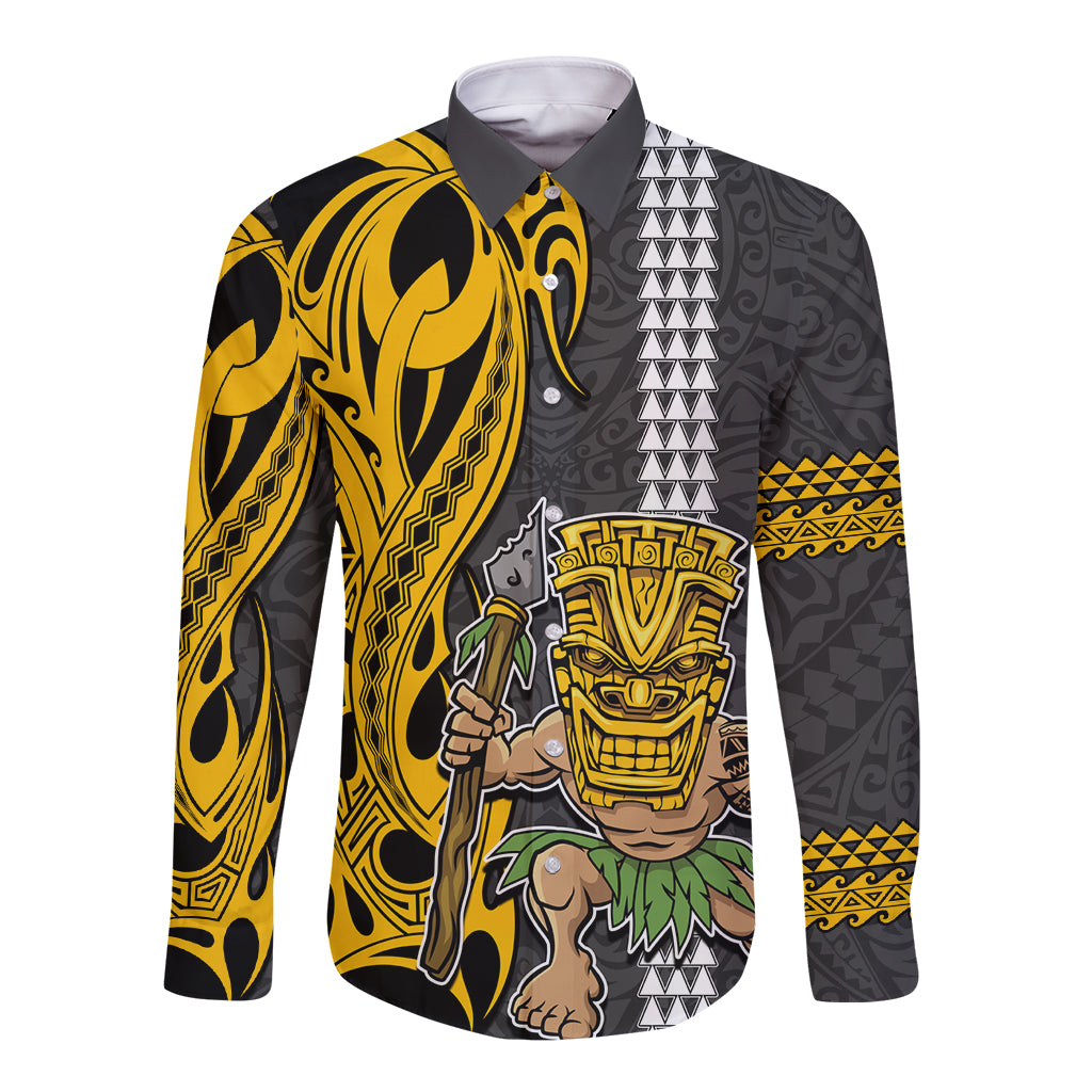 Hawaii Island Long Sleeve Button Shirt Hawaiian Warrior and Kakau Symbols Abstract Tattoo LT03 Unisex Yellow - Polynesian Pride