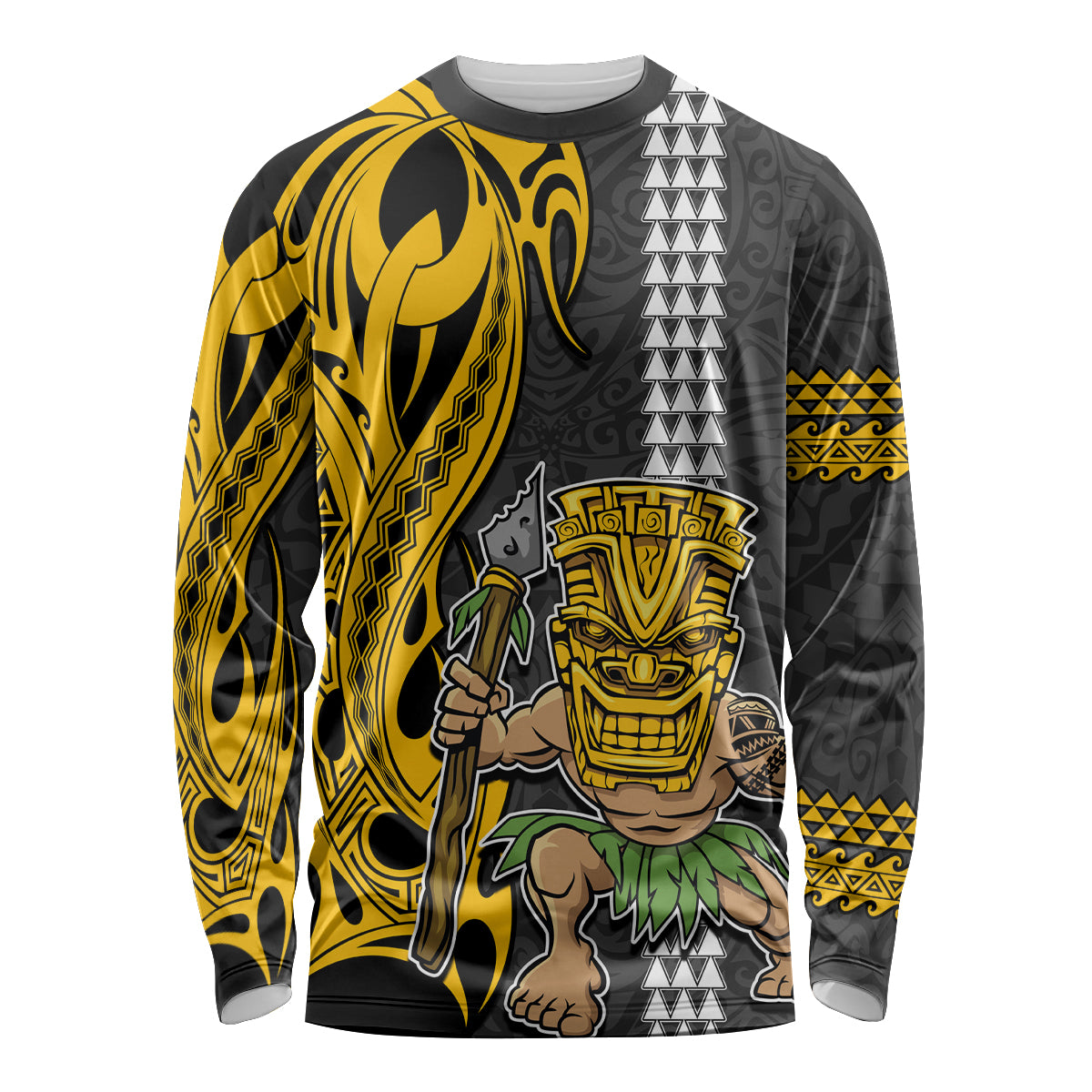 Hawaii Island Long Sleeve Shirt Hawaiian Warrior and Kakau Symbols Abstract Tattoo LT03 Unisex Yellow - Polynesian Pride