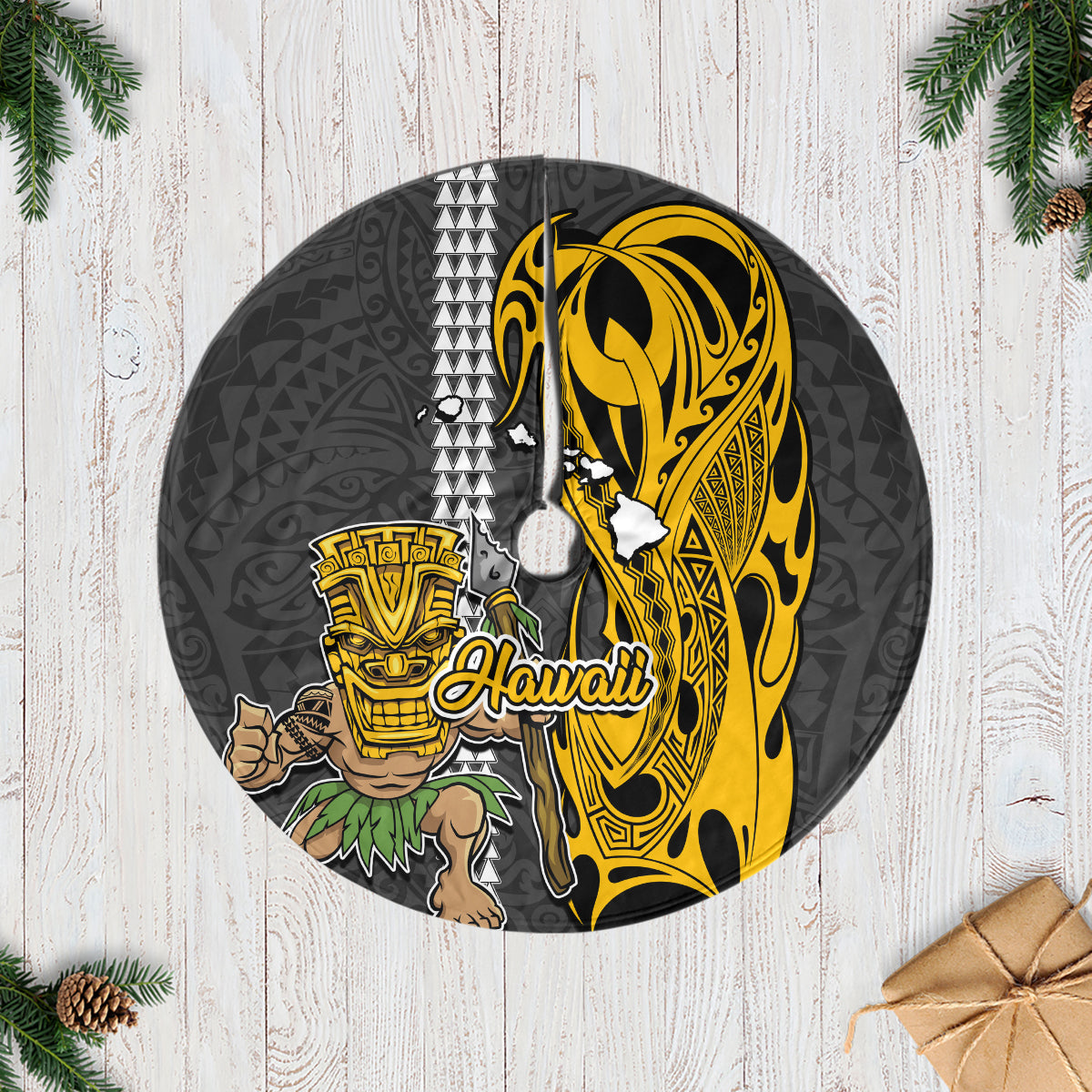 Hawaii Hawaii Island Tree Skirt Hawaiian Warrior and Kakau Symbols Abstract Tattoo LT03 Yellow - Polynesian Pride