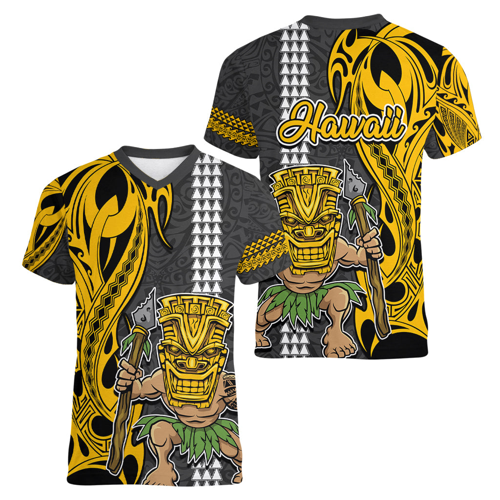 Hawaii Island Women V Neck T Shirt Hawaiian Warrior and Kakau Symbols Abstract Tattoo LT03 - Polynesian Pride