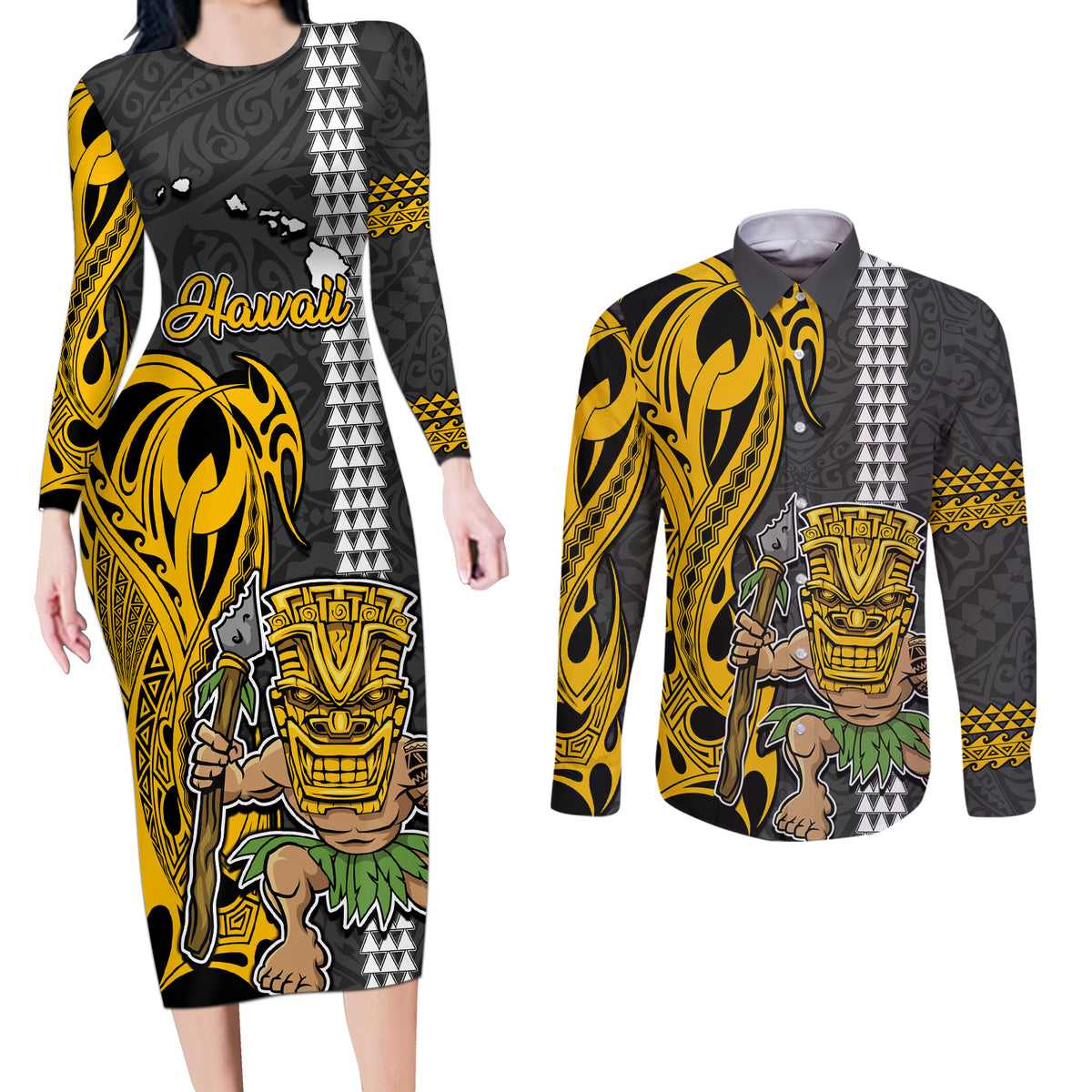 Custom Hawaii Island Couples Matching Long Sleeve Bodycon Dress and Long Sleeve Button Shirts Hawaiian Warrior and Kakau Symbols Abstract Tattoo LT03 Yellow - Polynesian Pride
