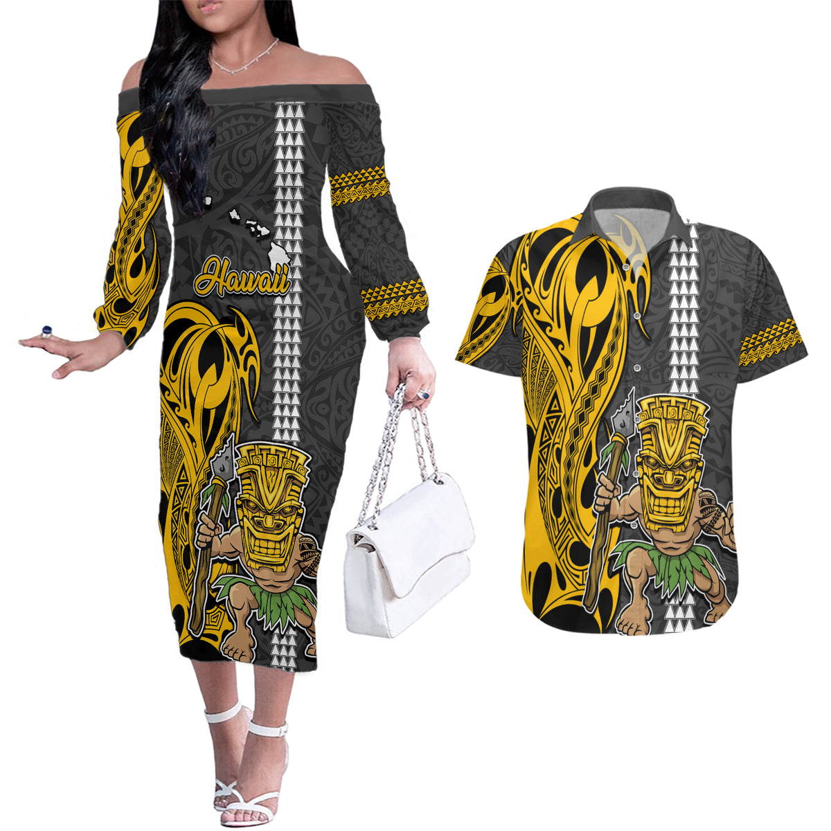 Custom Hawaii Island Couples Matching Off The Shoulder Long Sleeve Dress and Hawaiian Shirt Hawaiian Warrior and Kakau Symbols Abstract Tattoo LT03 Yellow - Polynesian Pride