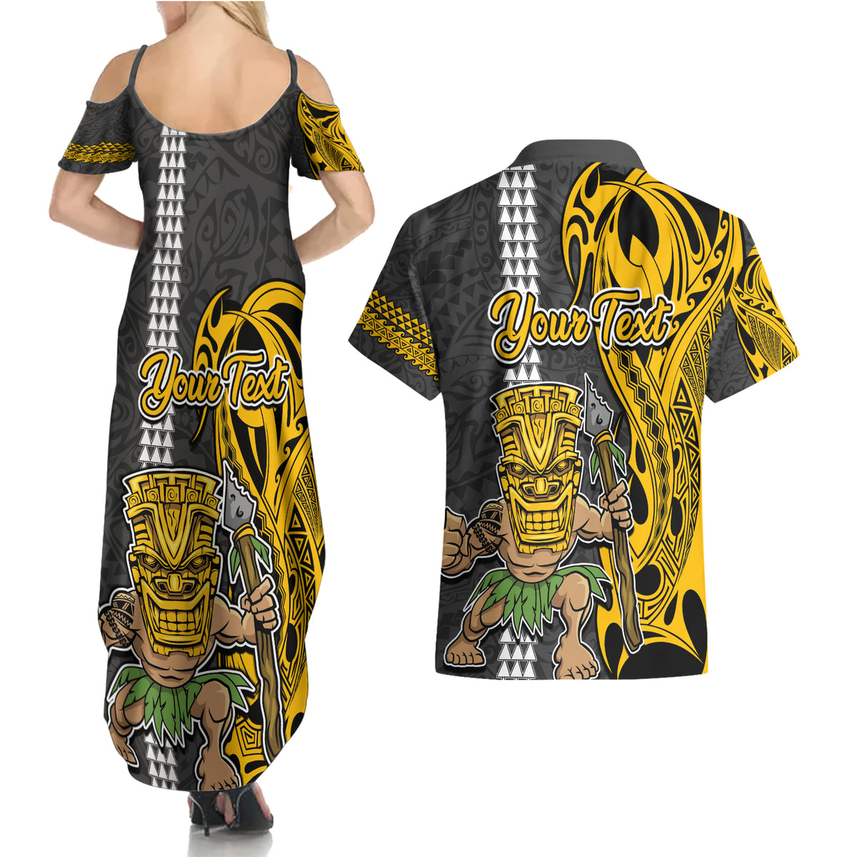 Custom Hawaii Island Couples Matching Summer Maxi Dress and Hawaiian Shirt Hawaiian Warrior and Kakau Symbols Abstract Tattoo LT03 - Polynesian Pride