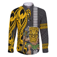 Custom Hawaii Island Family Matching Long Sleeve Bodycon Dress and Hawaiian Shirt Hawaiian Warrior and Kakau Symbols Abstract Tattoo LT03 Dad's Shirt - Long Sleeve Yellow - Polynesian Pride