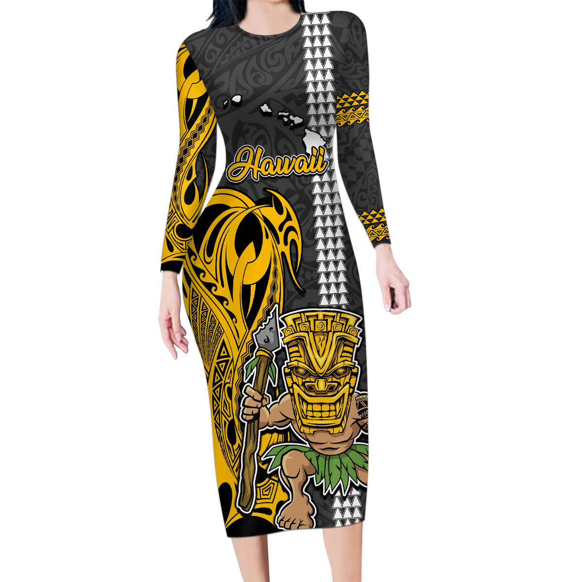 Custom Hawaii Island Family Matching Long Sleeve Bodycon Dress and Hawaiian Shirt Hawaiian Warrior and Kakau Symbols Abstract Tattoo LT03 Mom's Dress Yellow - Polynesian Pride