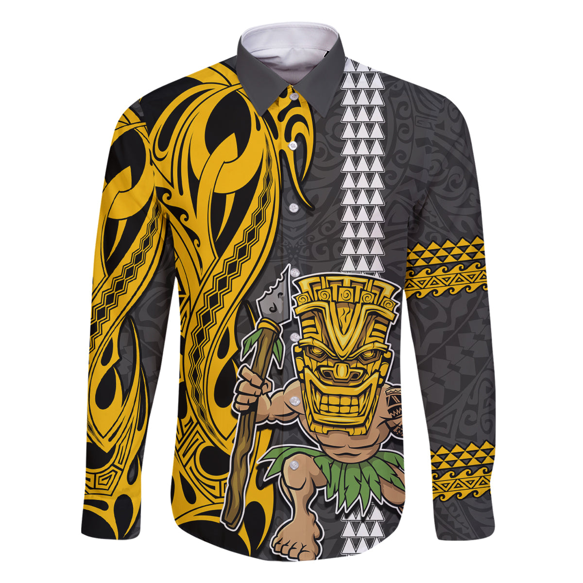 Custom Hawaii Island Family Matching Summer Maxi Dress and Hawaiian Shirt Hawaiian Warrior and Kakau Symbols Abstract Tattoo LT03 Dad's Shirt - Long Sleeve Yellow - Polynesian Pride