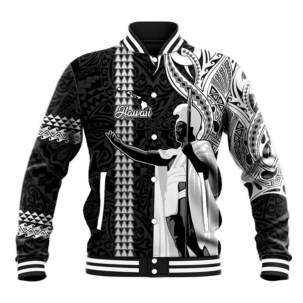 Hawaii Island Baseball Jacket Hawaiian King and Kakau Symbols Abstract Shoulder Tattoo LT03 Unisex Black - Polynesian Pride