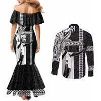 Hawaii Island Couples Matching Mermaid Dress and Long Sleeve Button Shirts Hawaiian King and Kakau Symbols Abstract Shoulder Tattoo LT03 - Polynesian Pride