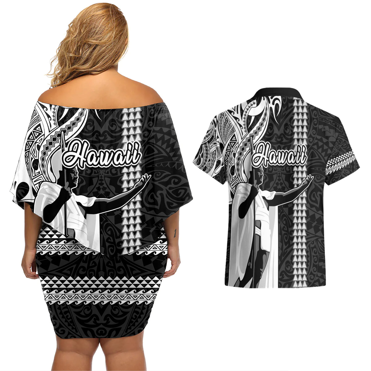 Hawaii Island Couples Matching Off Shoulder Short Dress and Hawaiian Shirt Hawaiian King and Kakau Symbols Abstract Shoulder Tattoo LT03 - Polynesian Pride