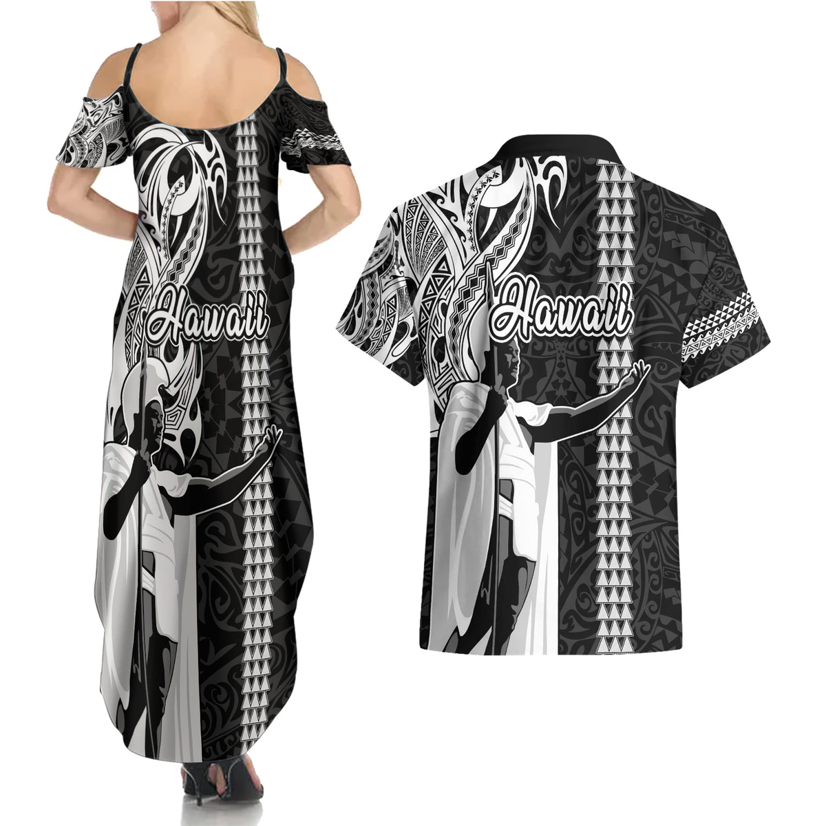Hawaii Island Couples Matching Summer Maxi Dress and Hawaiian Shirt Hawaiian King and Kakau Symbols Abstract Shoulder Tattoo LT03 - Polynesian Pride