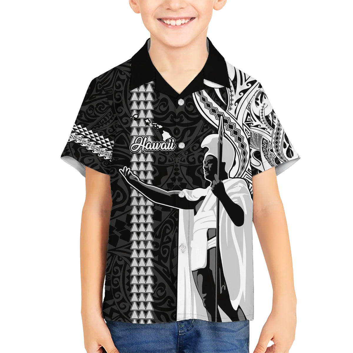 Hawaii Island Kid Hawaiian Shirt Hawaiian King and Kakau Symbols Abstract Shoulder Tattoo LT03 Kid Black - Polynesian Pride