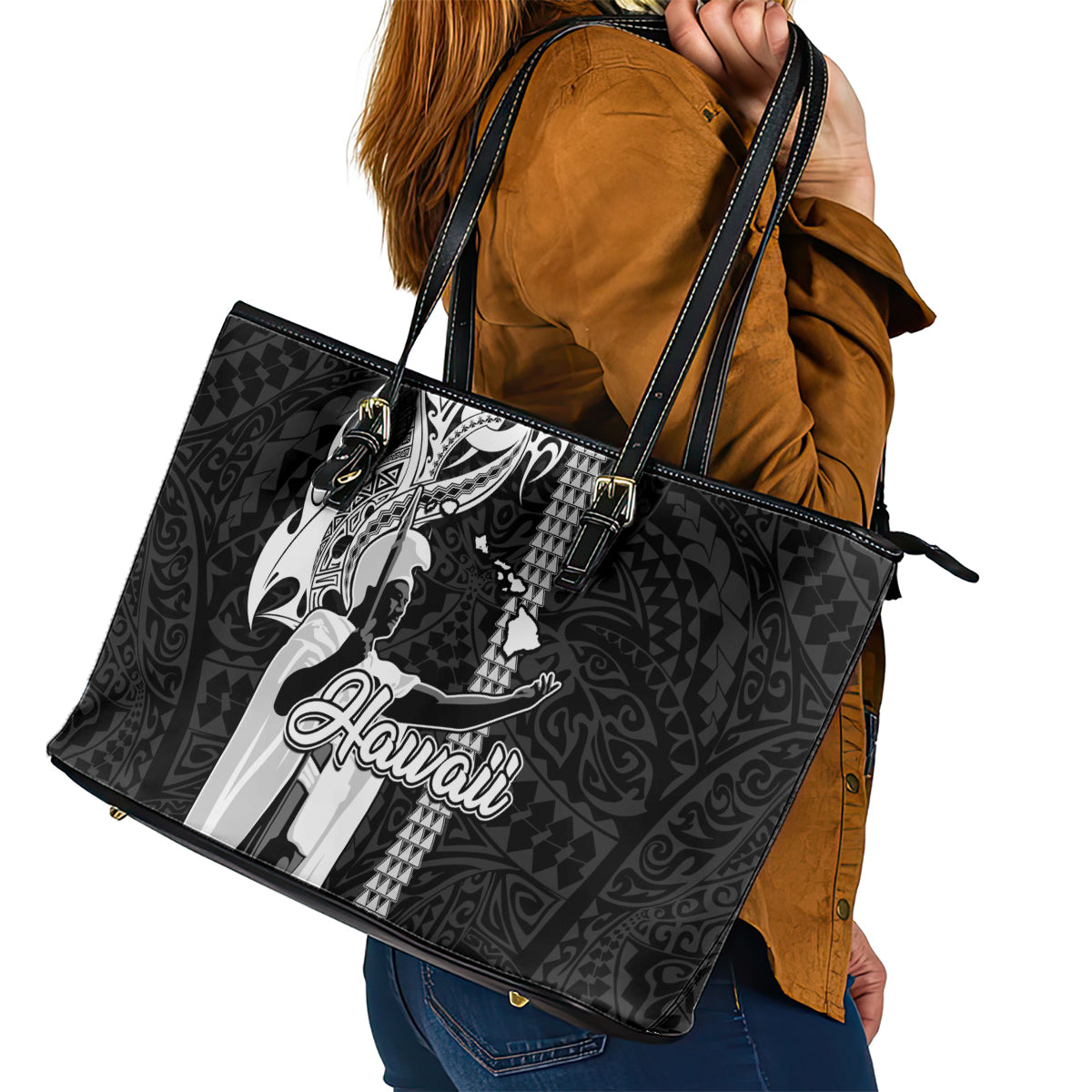 Hawaii Island Leather Tote Bag Hawaiian King and Kakau Symbols Abstract Shoulder Tattoo LT03 - Polynesian Pride