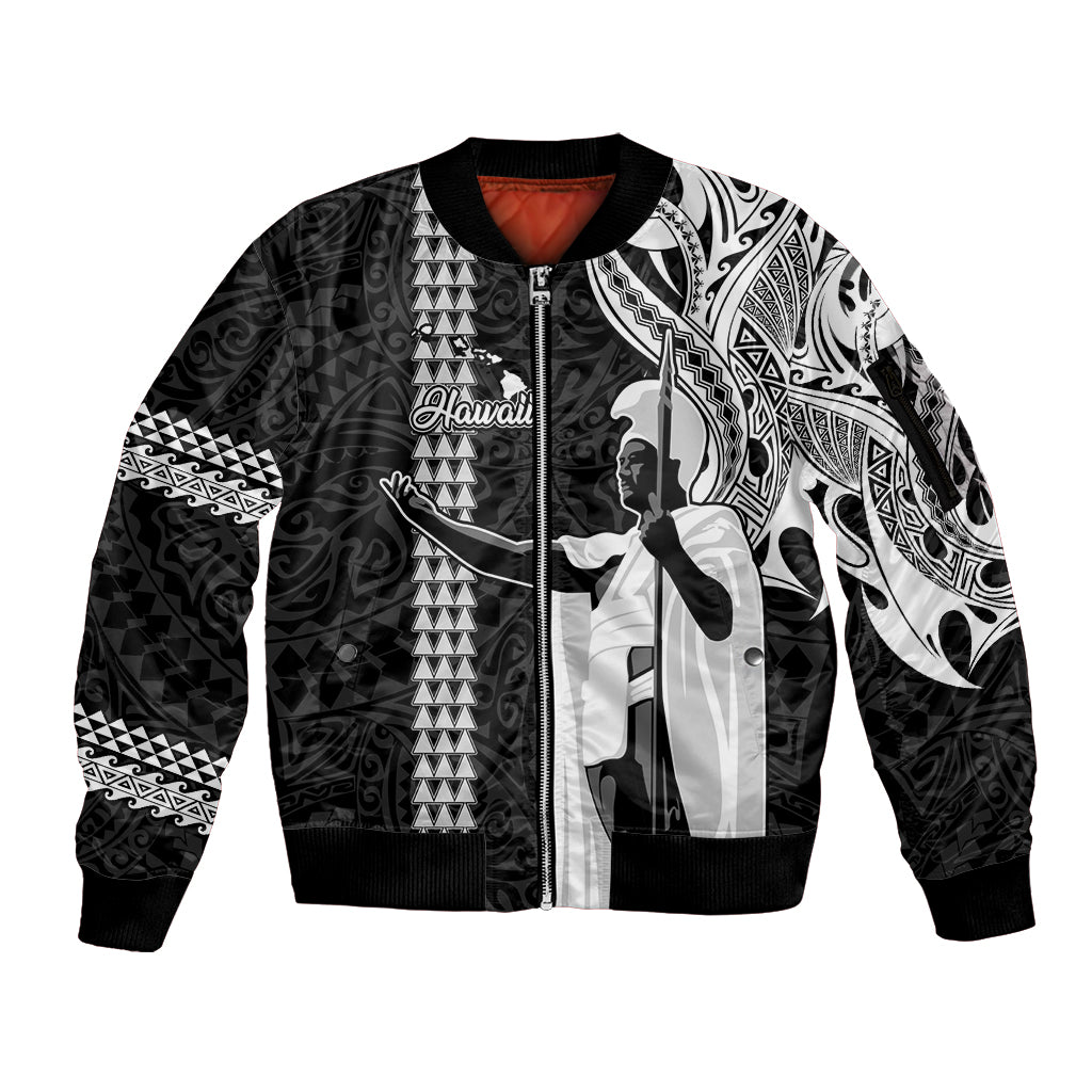 Hawaii Island Sleeve Zip Bomber Jacket Hawaiian King and Kakau Symbols Abstract Shoulder Tattoo LT03 Unisex Black - Polynesian Pride