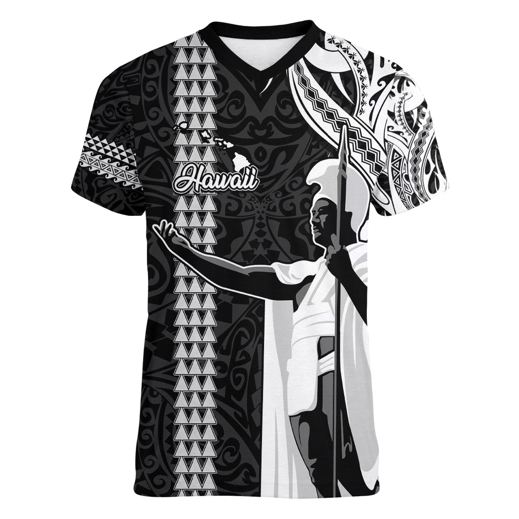 Hawaii Island Women V Neck T Shirt Hawaiian King and Kakau Symbols Abstract Shoulder Tattoo LT03 Female Black - Polynesian Pride