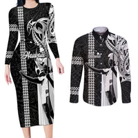 Custom Hawaii Island Couples Matching Long Sleeve Bodycon Dress and Long Sleeve Button Shirts Hawaiian King and Kakau Symbols Abstract Shoulder Tattoo LT03 Black - Polynesian Pride