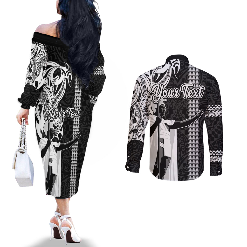 Custom Hawaii Island Couples Matching Off The Shoulder Long Sleeve Dress and Long Sleeve Button Shirts Hawaiian King and Kakau Symbols Abstract Shoulder Tattoo LT03 - Polynesian Pride