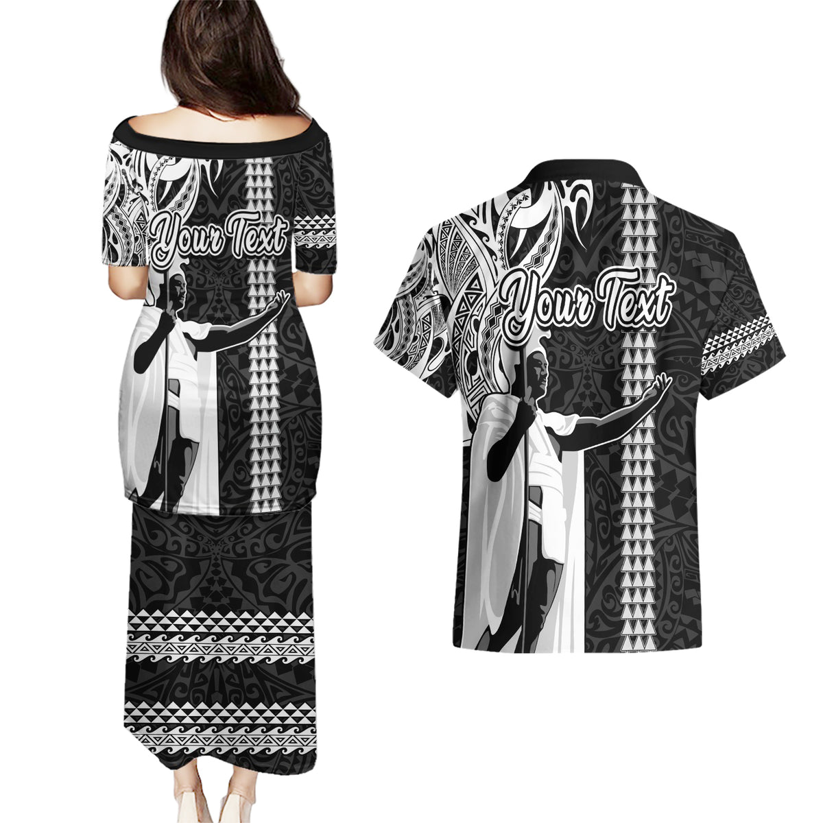 Custom Hawaii Island Couples Matching Puletasi Dress and Hawaiian Shirt Hawaiian King and Kakau Symbols Abstract Shoulder Tattoo LT03 - Polynesian Pride