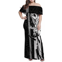Custom Hawaii Island Family Matching Off Shoulder Maxi Dress and Hawaiian Shirt Hawaiian King and Kakau Symbols Abstract Shoulder Tattoo LT03 Mom's Dress Black - Polynesian Pride