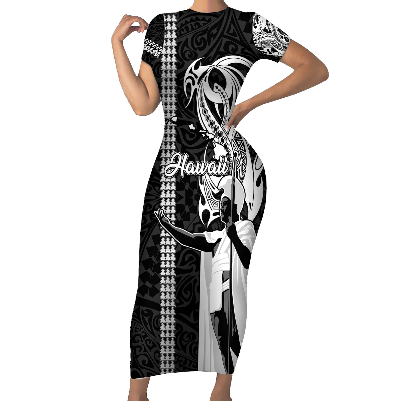 Custom Hawaii Island Short Sleeve Bodycon Dress Hawaiian King and Kakau Symbols Abstract Shoulder Tattoo LT03 Long Dress Black - Polynesian Pride
