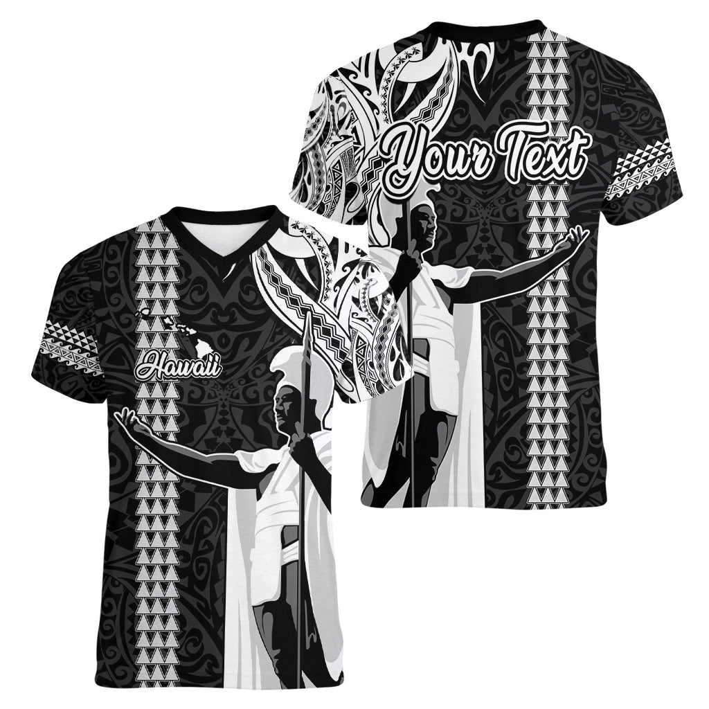 Custom Hawaii Island Women V Neck T Shirt Hawaiian King and Kakau Symbols Abstract Shoulder Tattoo LT03 - Polynesian Pride