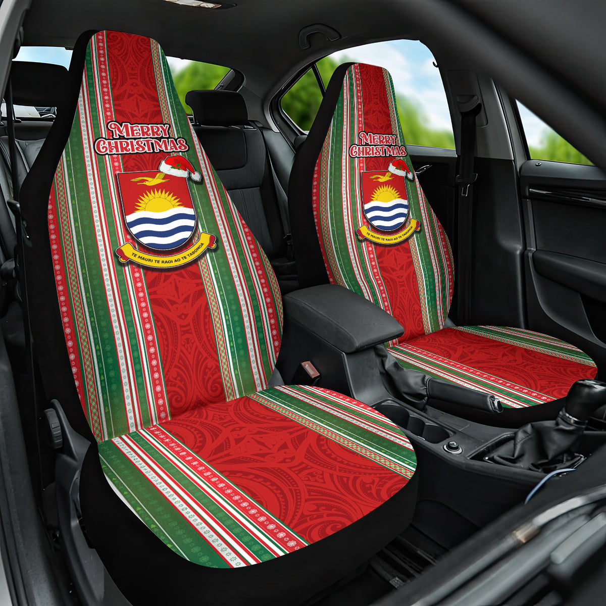Kiribati Christmas Car Seat Cover Santa With Gift Bag Behind Ribbons Seamless Red Maori LT03 One Size Red - Polynesian Pride