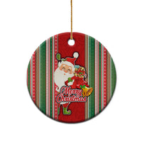 Kiribati Christmas Ceramic Ornament Santa With Gift Bag Behind Ribbons Seamless Red Maori LT03 - Polynesian Pride