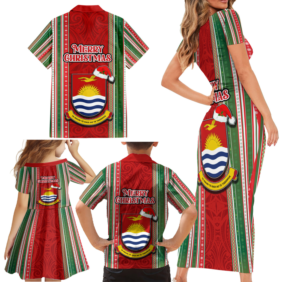 Kiribati Christmas Family Matching Short Sleeve Bodycon Dress and Hawaiian Shirt Santa With Gift Bag Behind Ribbons Seamless Red Maori LT03 - Polynesian Pride