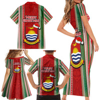 Kiribati Christmas Family Matching Short Sleeve Bodycon Dress and Hawaiian Shirt Santa With Gift Bag Behind Ribbons Seamless Red Maori LT03 - Polynesian Pride