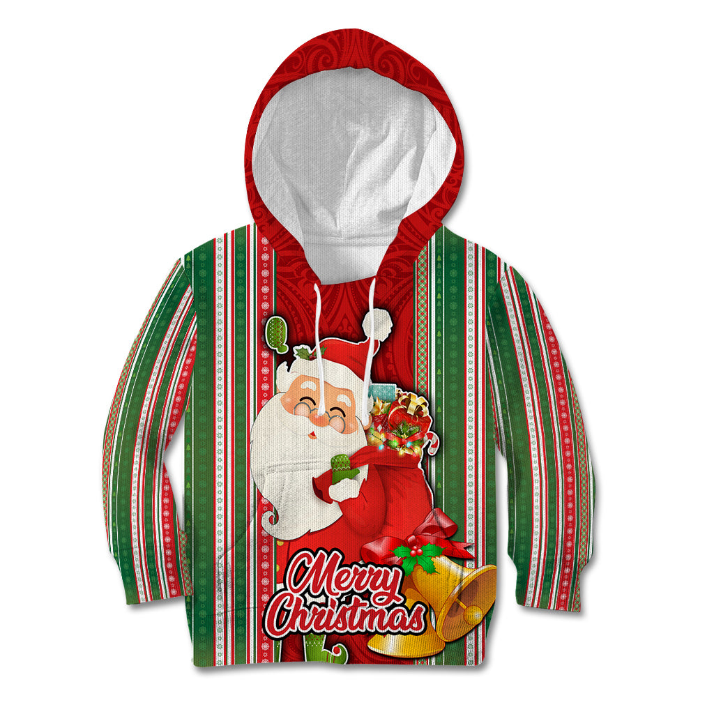Kiribati Christmas Kid Hoodie Santa With Gift Bag Behind Ribbons Seamless Red Maori LT03 Red - Polynesian Pride