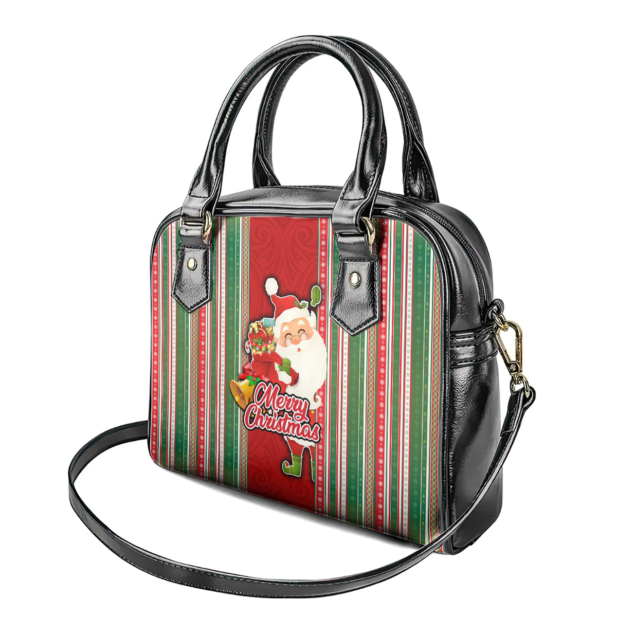Kiribati Christmas Shoulder Handbag Santa With Gift Bag Behind Ribbons Seamless Red Maori LT03 - Polynesian Pride