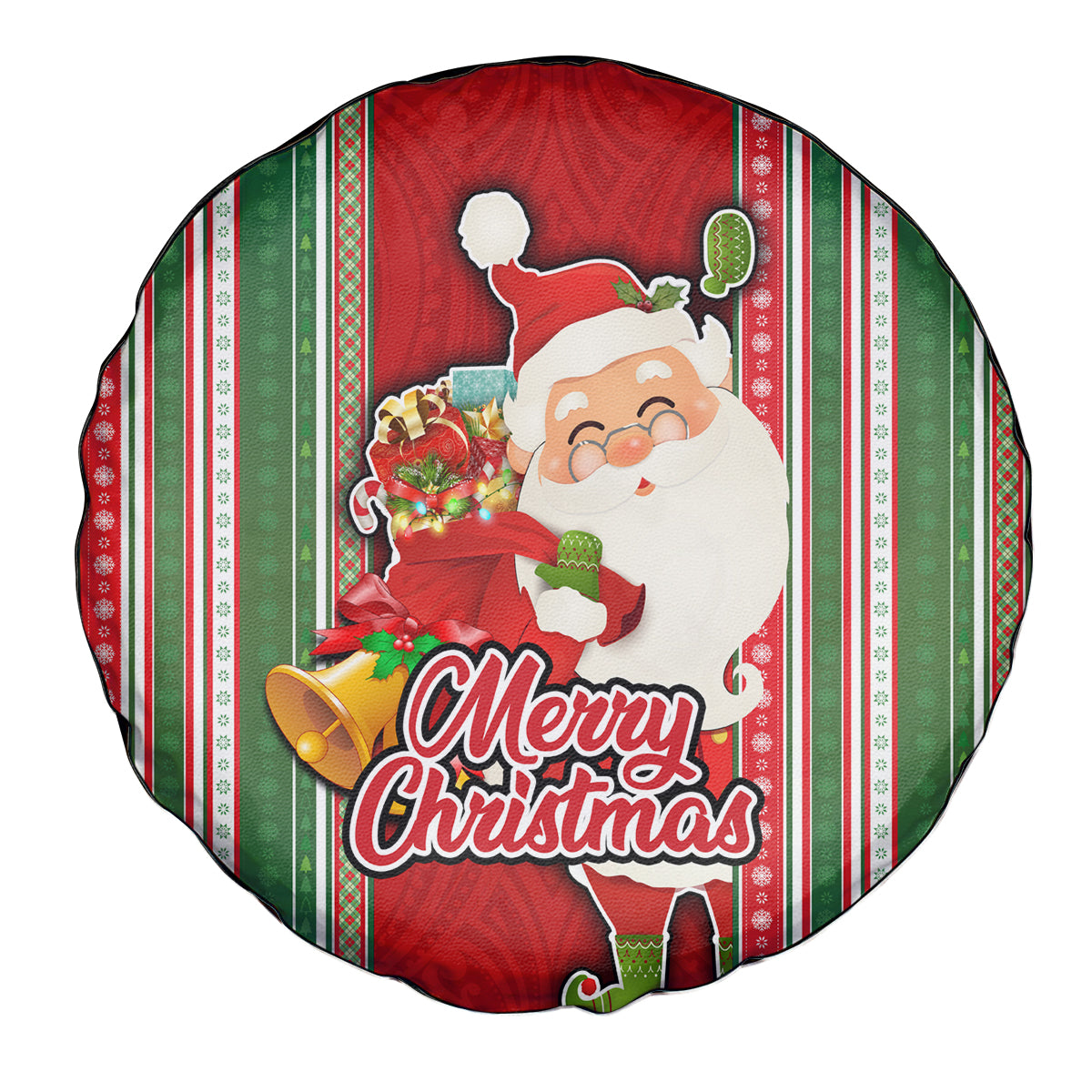 Kiribati Christmas Spare Tire Cover Santa With Gift Bag Behind Ribbons Seamless Red Maori LT03 - Polynesian Pride