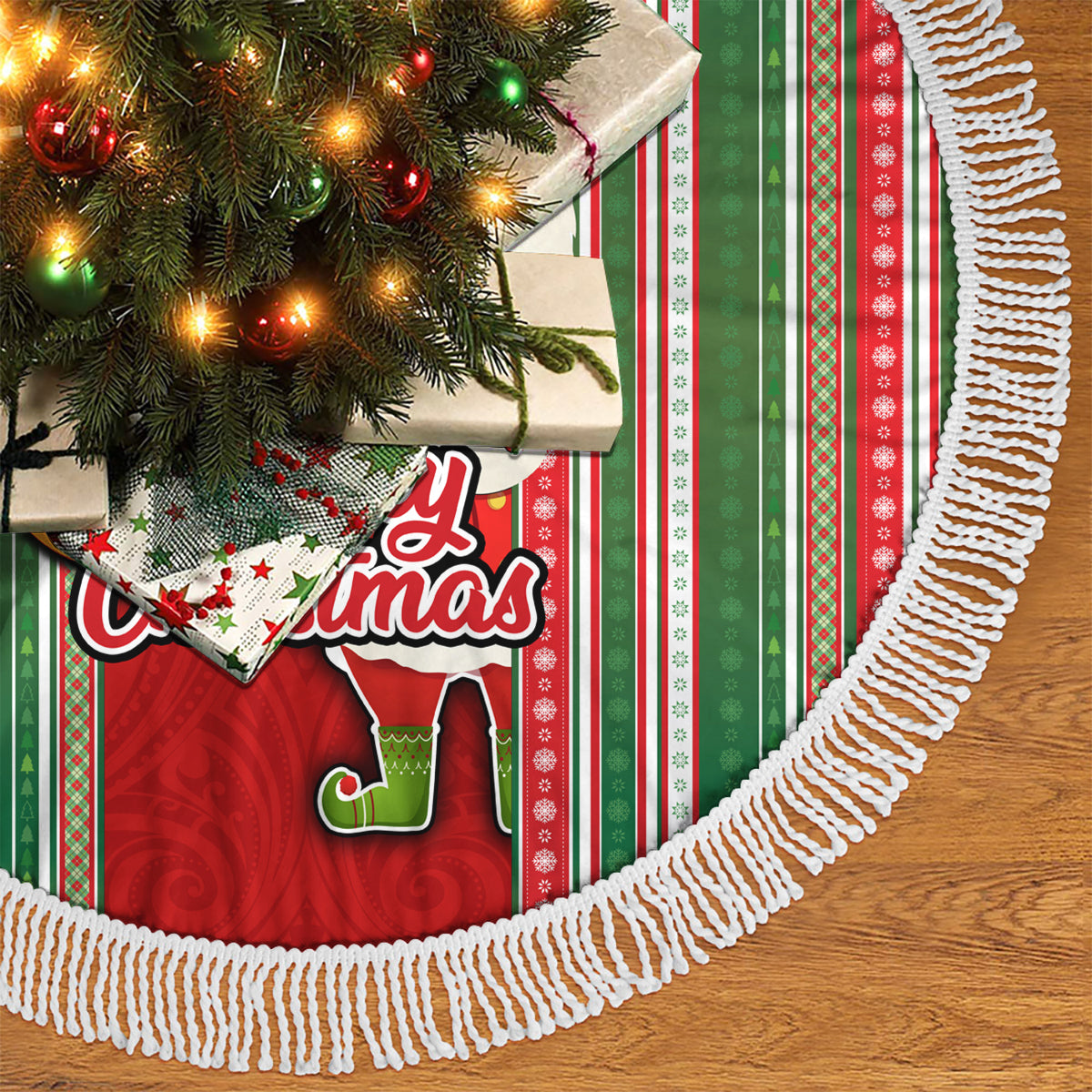 Kiribati Christmas Tree Skirt Santa With Gift Bag Behind Ribbons Seamless Red Maori LT03 - Polynesian Pride