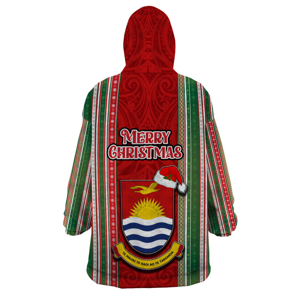 Kiribati Christmas Wearable Blanket Hoodie Santa With Gift Bag Behind Ribbons Seamless Red Maori LT03 - Polynesian Pride