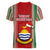 Kiribati Christmas Women V Neck T Shirt Santa With Gift Bag Behind Ribbons Seamless Red Maori LT03 - Polynesian Pride