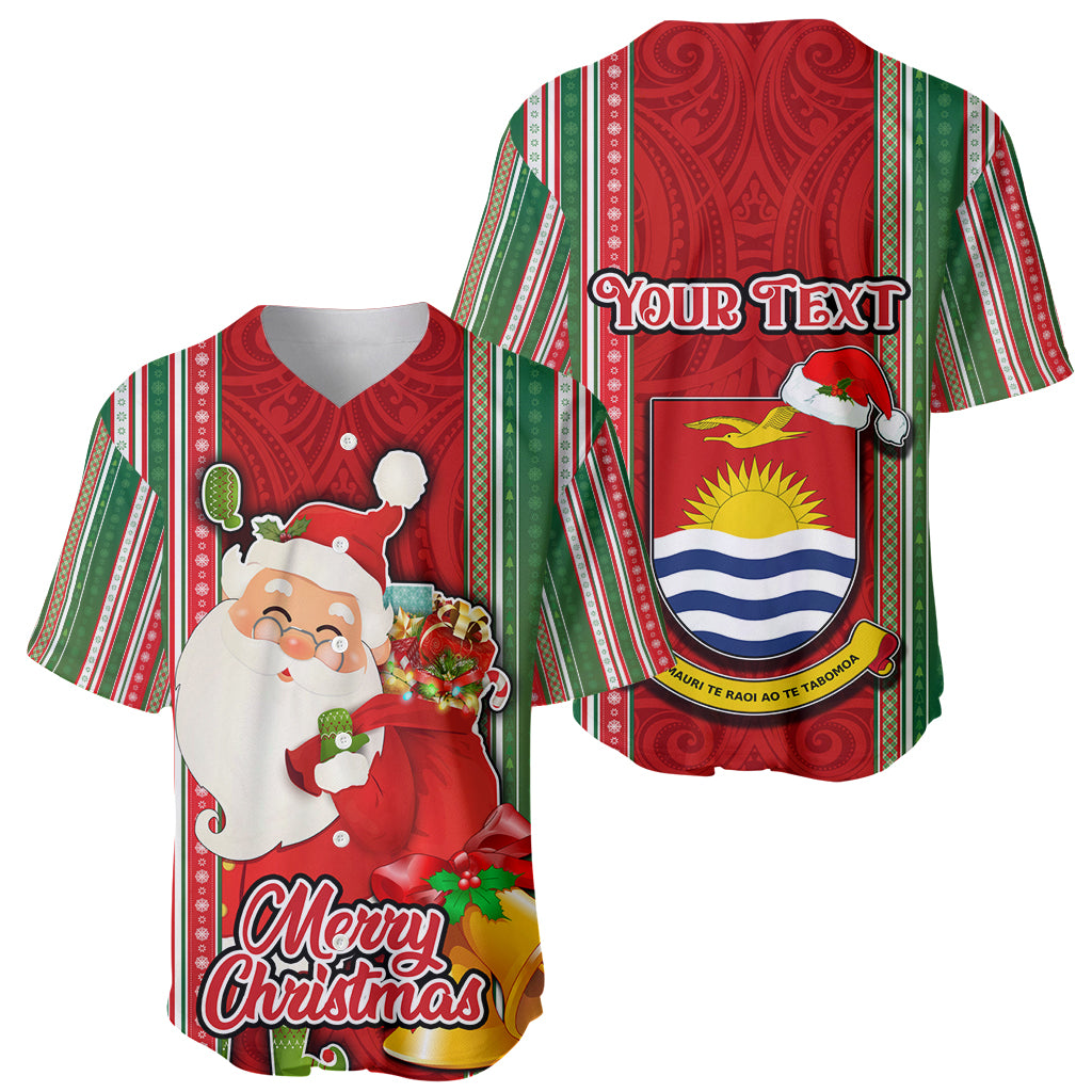 Custom Kiribati Christmas Baseball Jersey Santa With Gift Bag Behind Ribbons Seamless Red Maori LT03 - Polynesian Pride